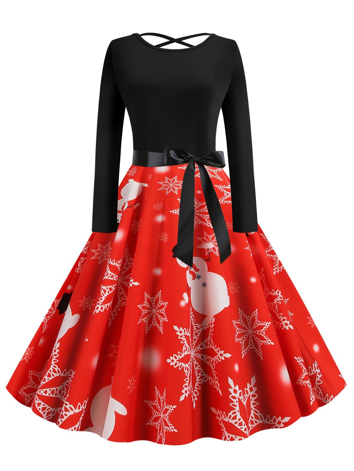 

Lattice Snowman Snowflake Berry Print Christmas Long Sleeve Dress, Red