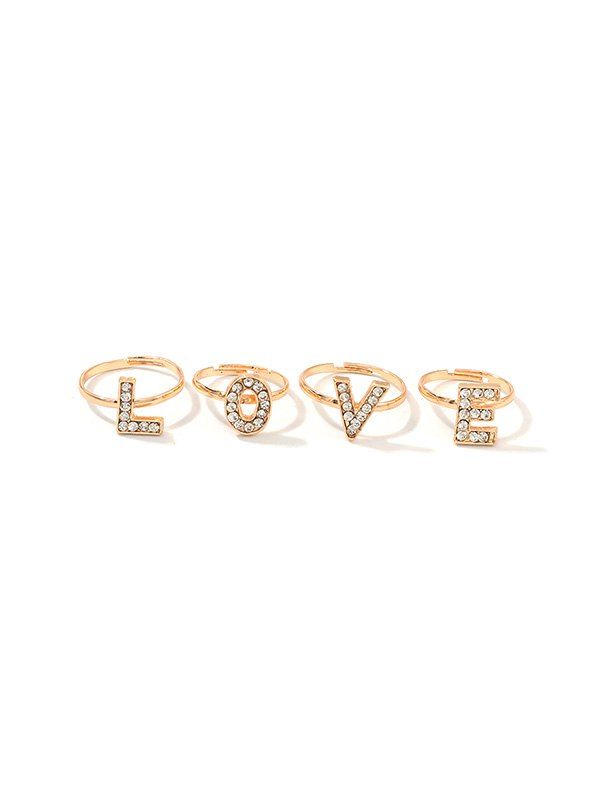 

4Pcs Letter Rhinestone Adjustable Open Rings Set, Gold