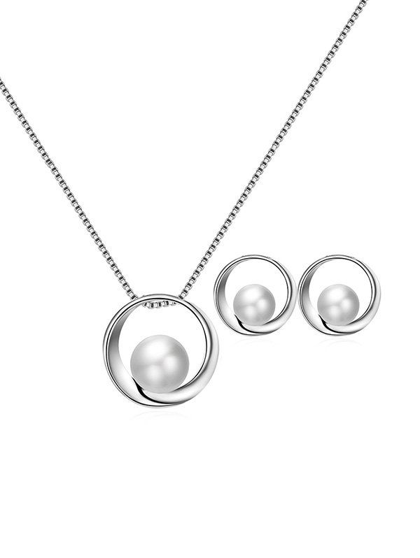 

Faux Pearl Hollow Circle Bridal Jewelry Set, Silver