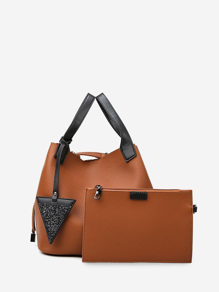 

2 Piece Triangle Accent Retro Large Capacity Handbag Set, Brown