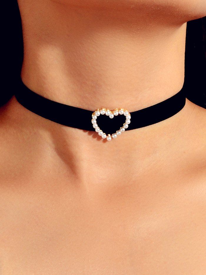 

Faux Pearl Hollow Heart Choker Necklace, Black