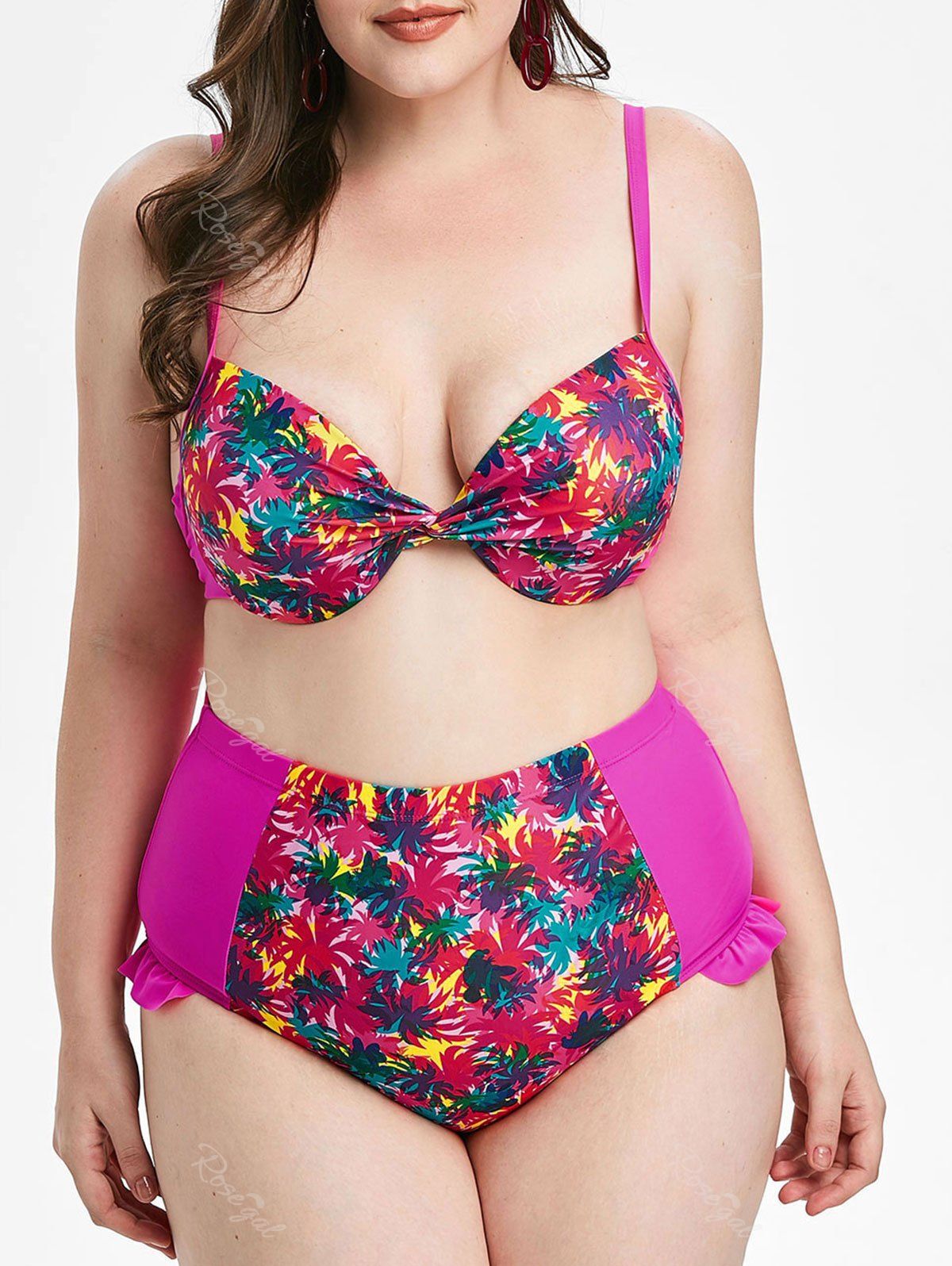 

Plus Size Printed Frilled Twist Push Up Bikini Swimsuit, Dimorphotheca magenta