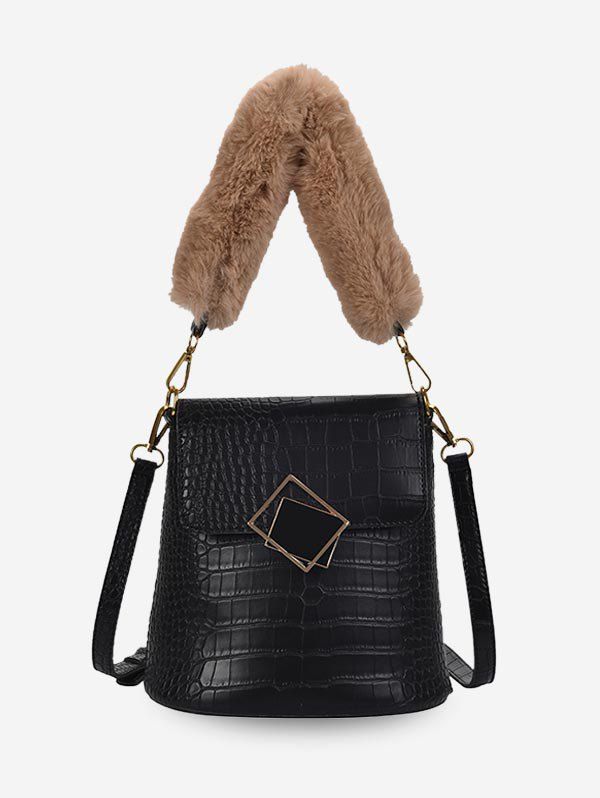 

Plush Handle Animal Embossed Bucket Crossbody Bag, Black