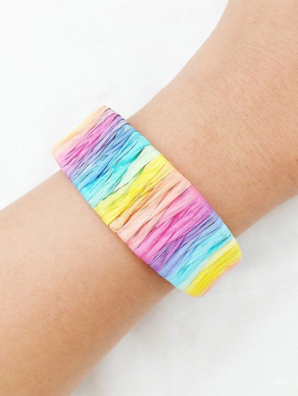 

Colorful Woven Straw Wide Open Bangle, Multi-a