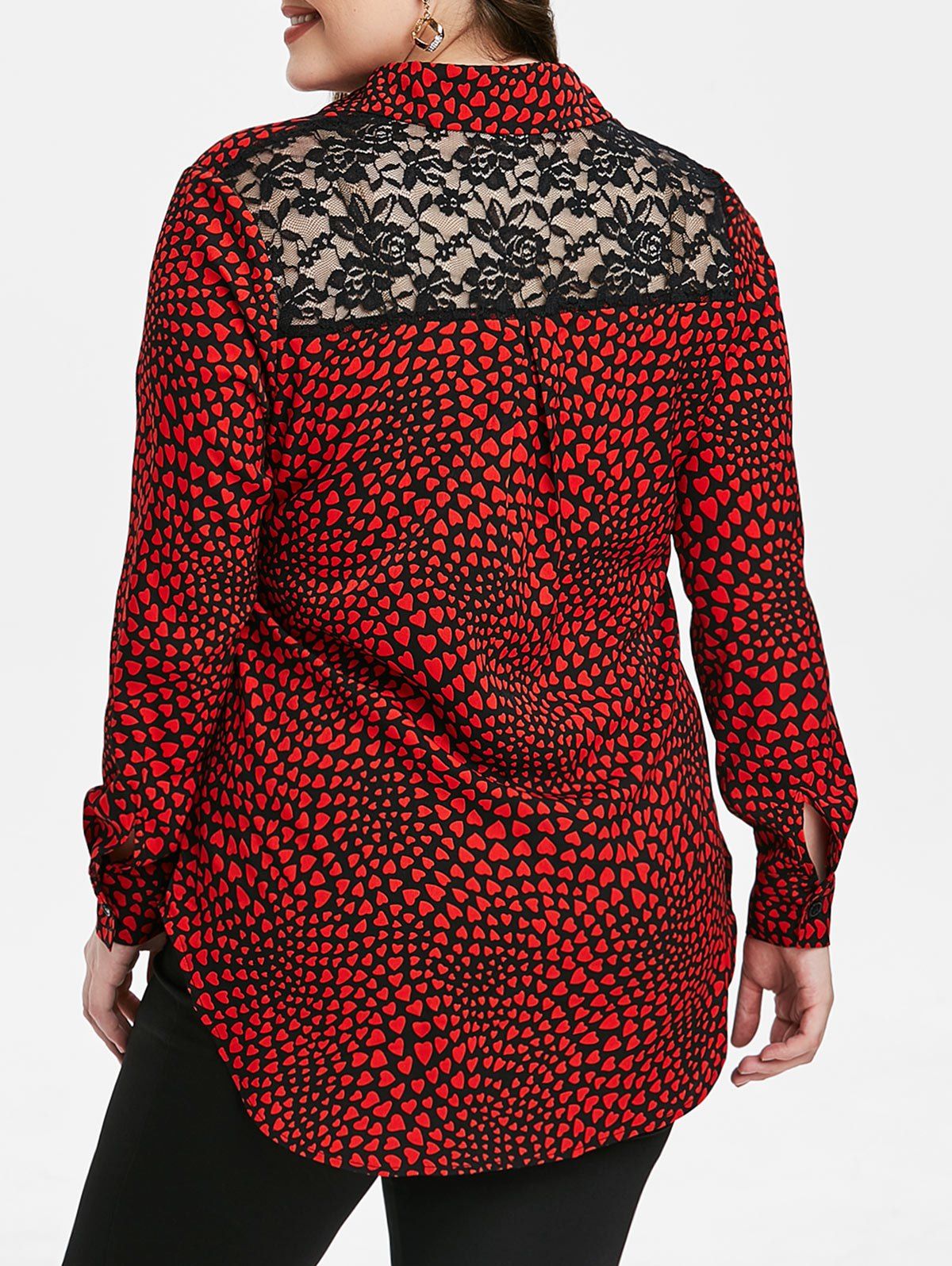 

Plus Size Flower Pattern Lace Panel Shirt, Red