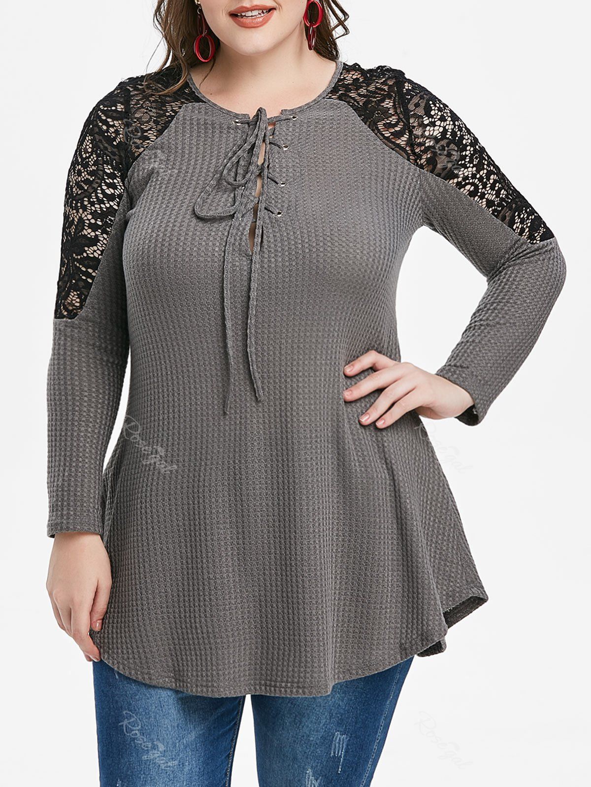 Store Plus Size Lace Panel Lace-up Sweater  