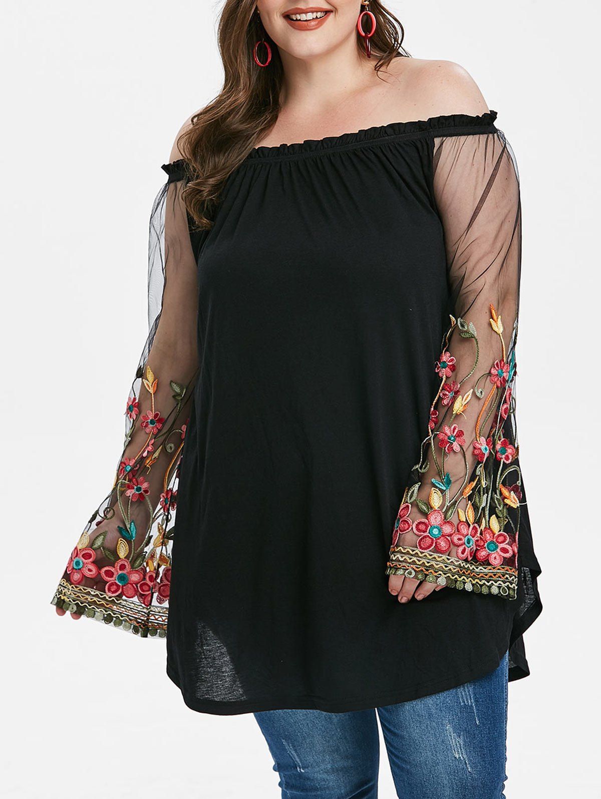 

Plus Size Mesh Sleeve Embroidered Off Shoulder T-shirt, Black