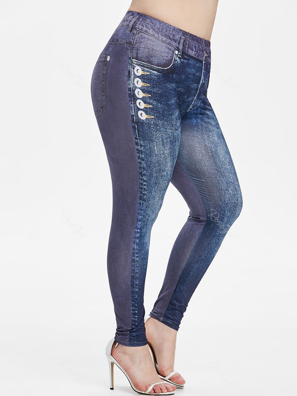 

Plus Size High Waist 3D Jean Print Jeggings, Denim dark blue
