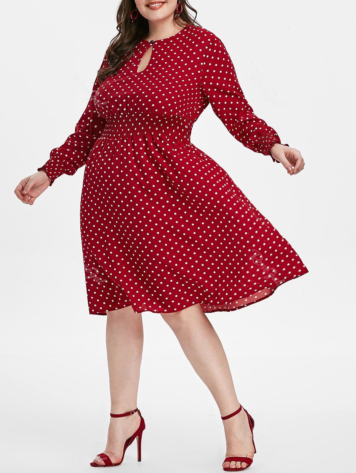 

Keyhole Smocked Waisted Polka Dot Plus Size Dress, Red wine