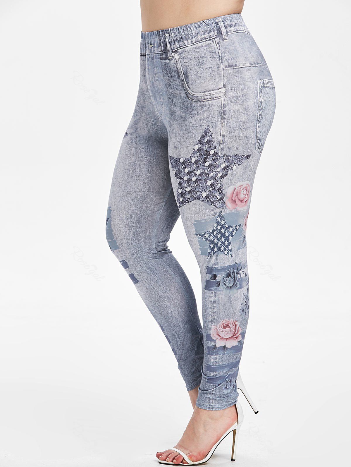 

Plus Size Faded Stars Floral Print 3D Jeggings, Light gray