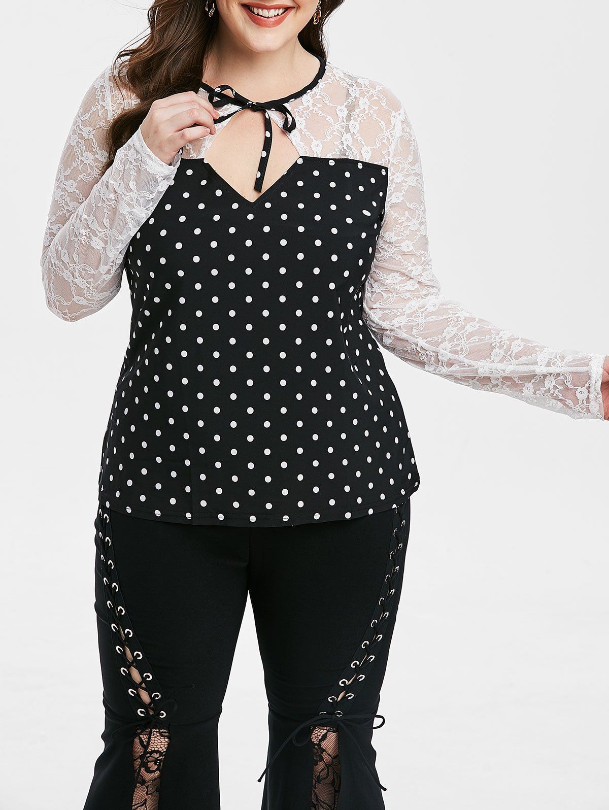 

Tie Collar Cut Out Lace Panel Polka Dot Plus Size Blouse, Black