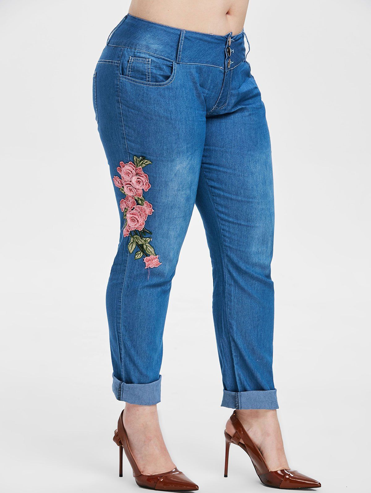 

Plus Size Chambray Embroidered Pants, Denim dark blue