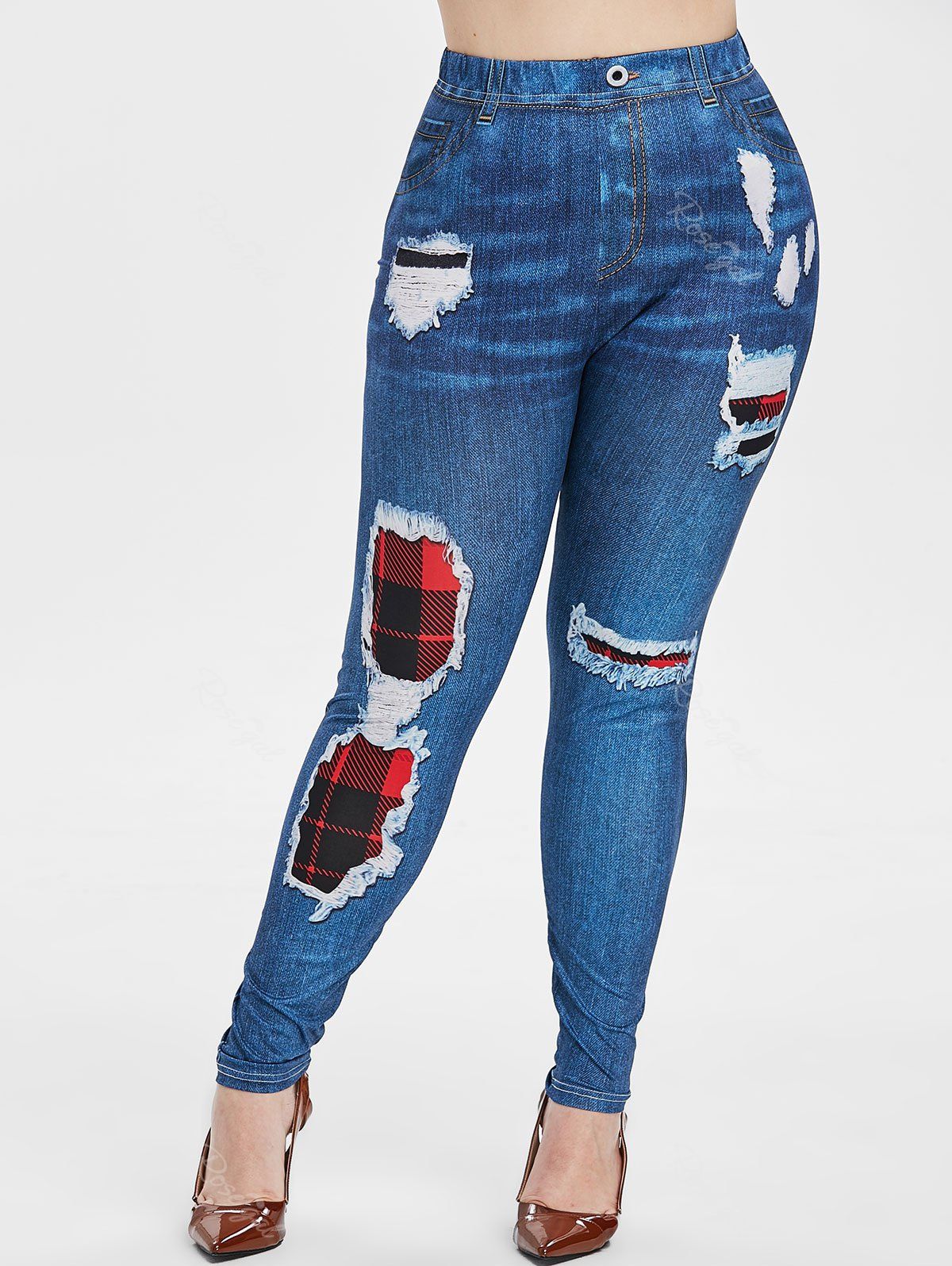 

Plus Size 3D Destroyed Print Plaid Skinny Jeggings, Ocean blue