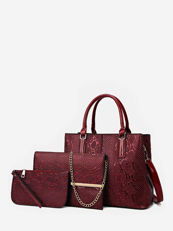 

3 Piece Embossed Retro PU Leather Handbag Set, Red wine