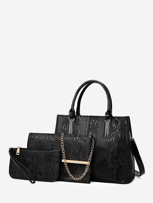 

3 Piece Embossed Retro PU Leather Handbag Set, Black