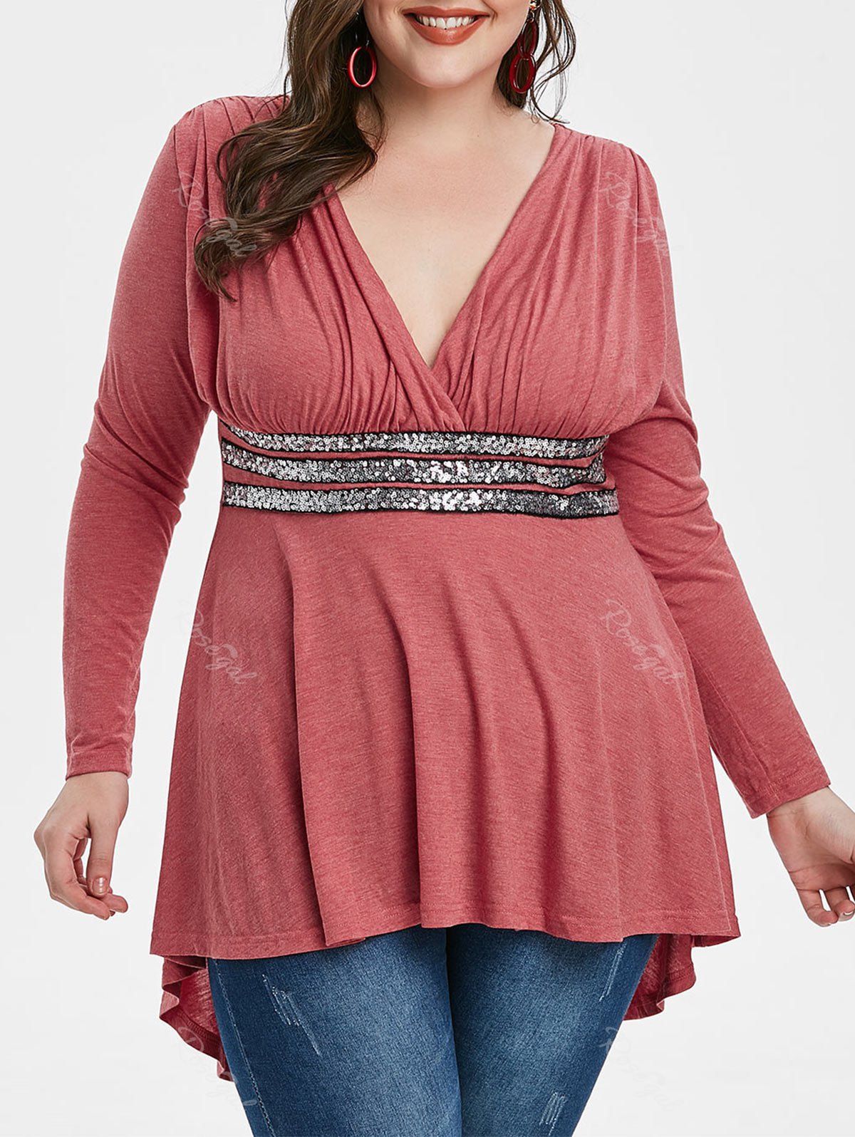 

Plus Size Sequin Insert Ruched High Low T-shirt, Watermelon pink