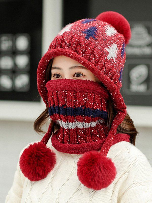 

Christmas Tree Winter Knit Ear Bubble Hat, Red wine