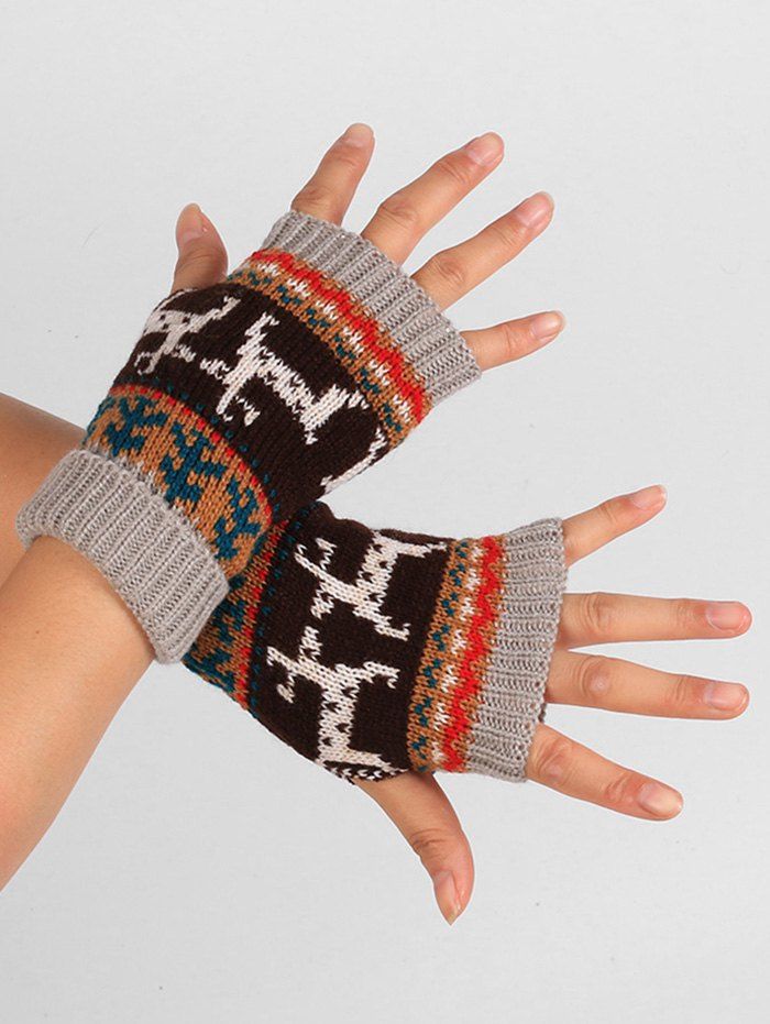 

Deer Christmas Knitted Fingerless Gloves, Gray