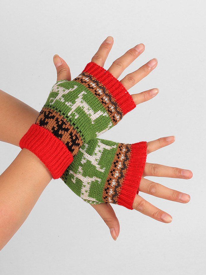 

Deer Christmas Knitted Fingerless Gloves, Red