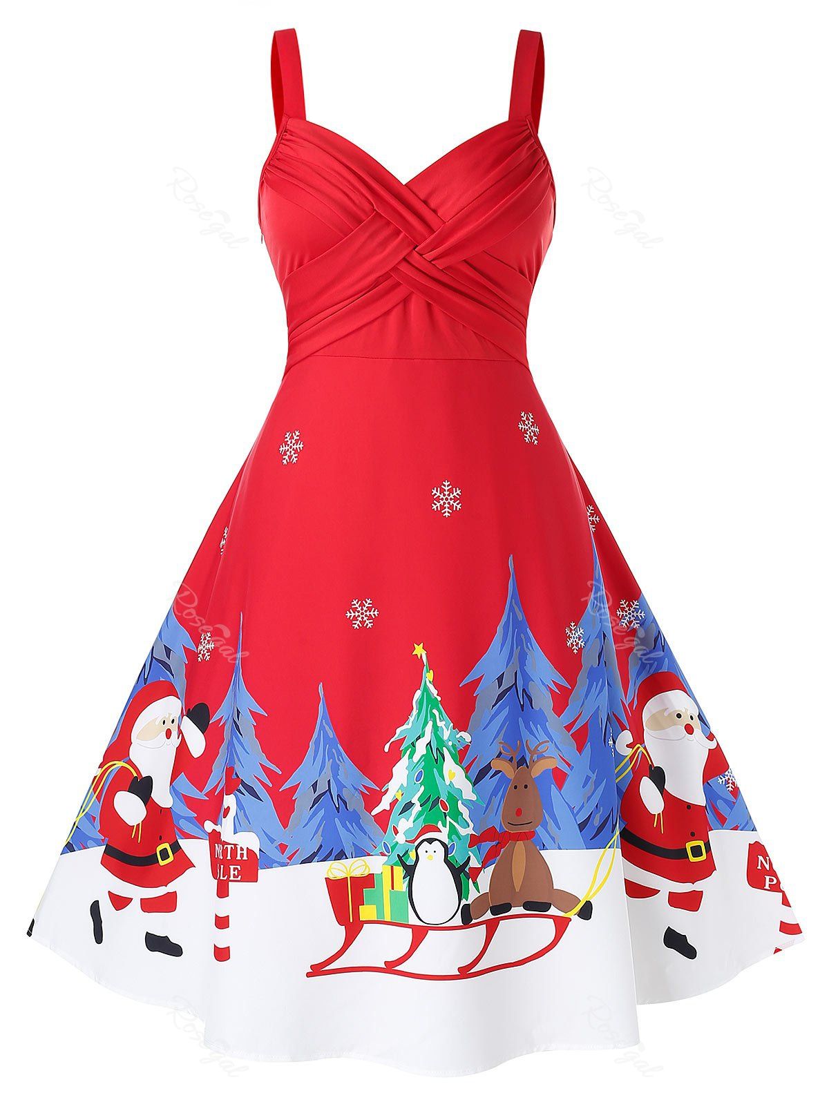 

Plus Size Christmas Printed Crossover Vintage Party Dress, Lava red