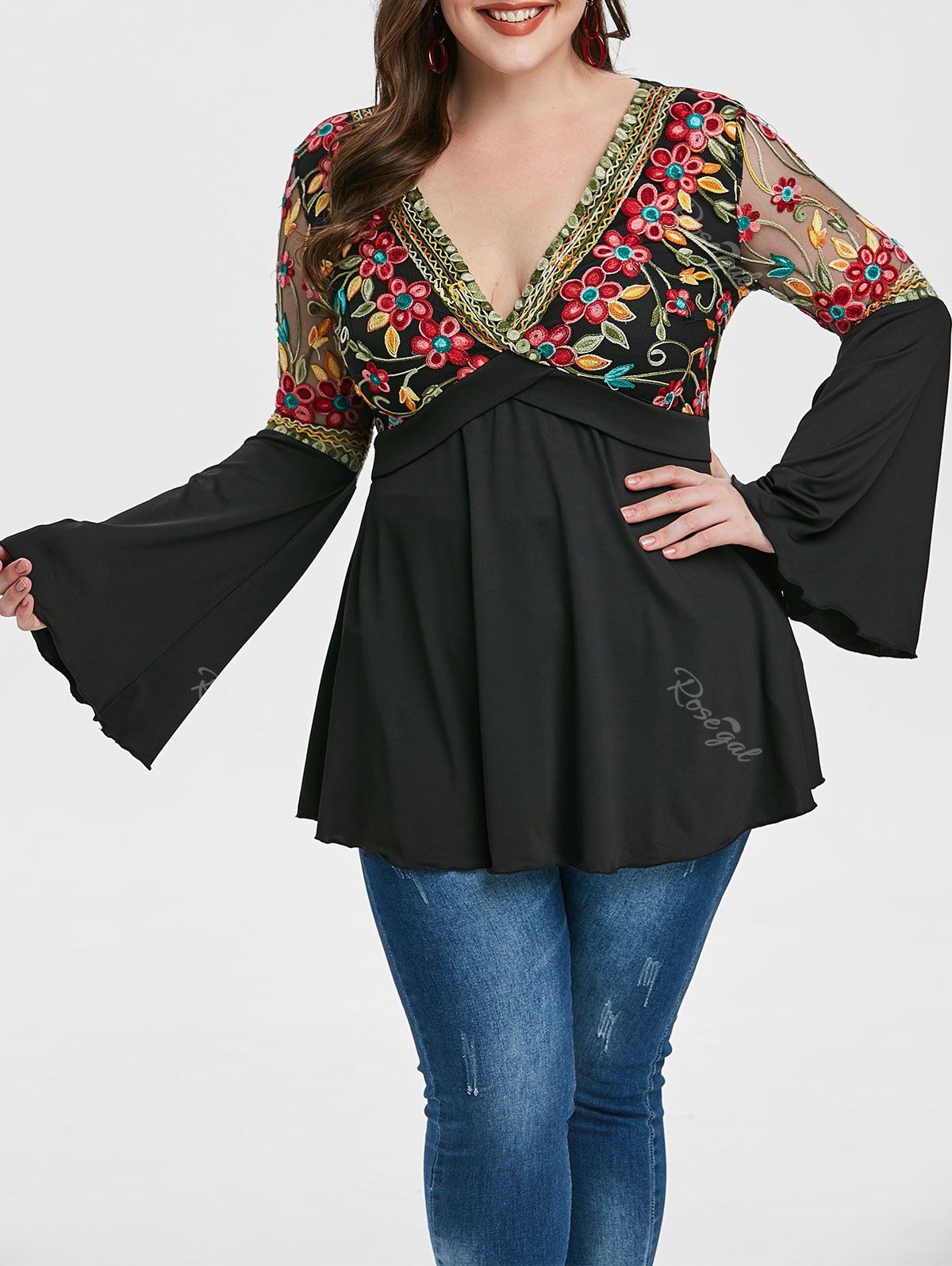 

Plus Size Embroidered Surplice Tunic T Shirt, Black