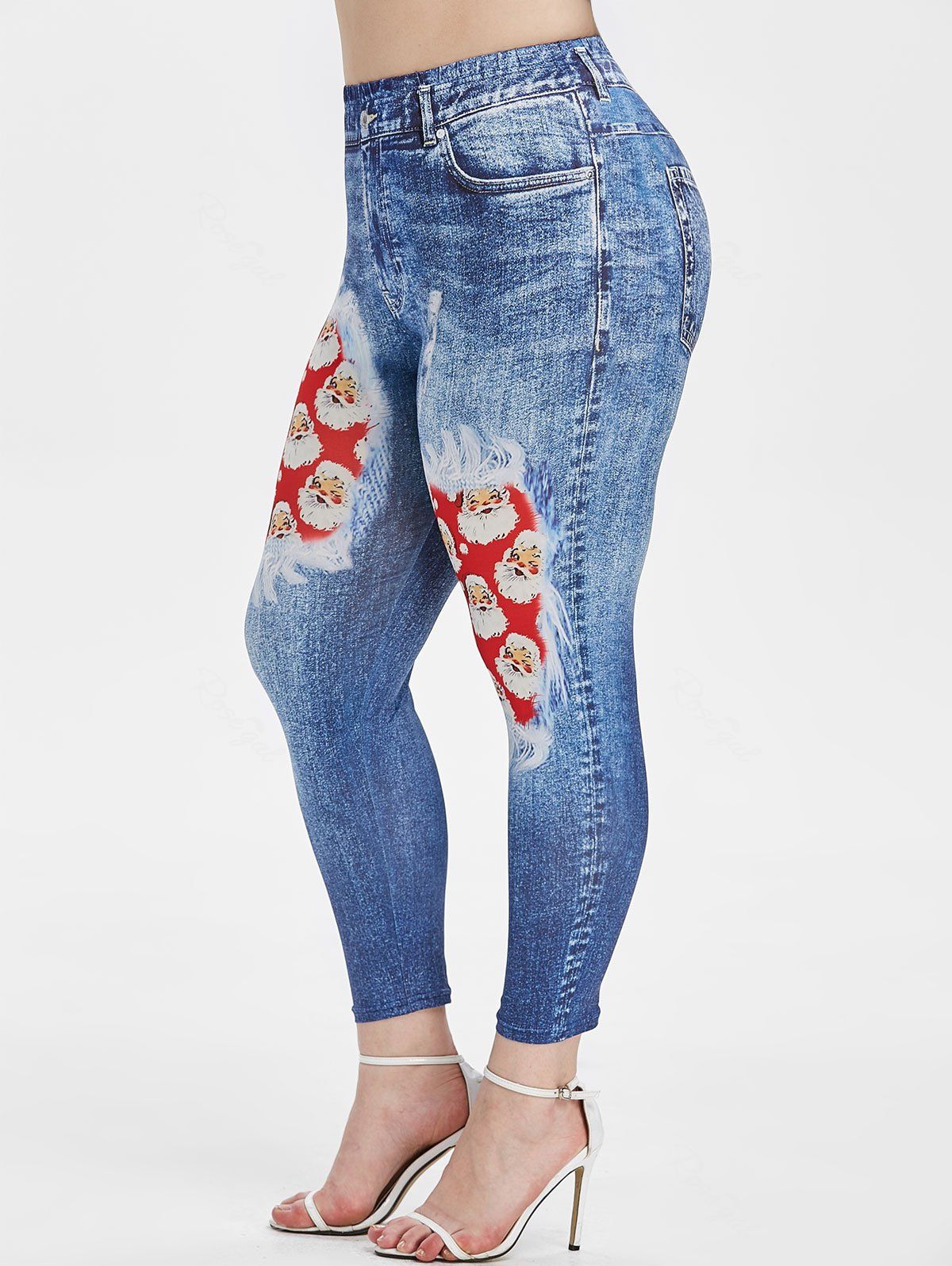 

Plus Size Christmas Santa Claus Print Jeggings, Blueberry blue