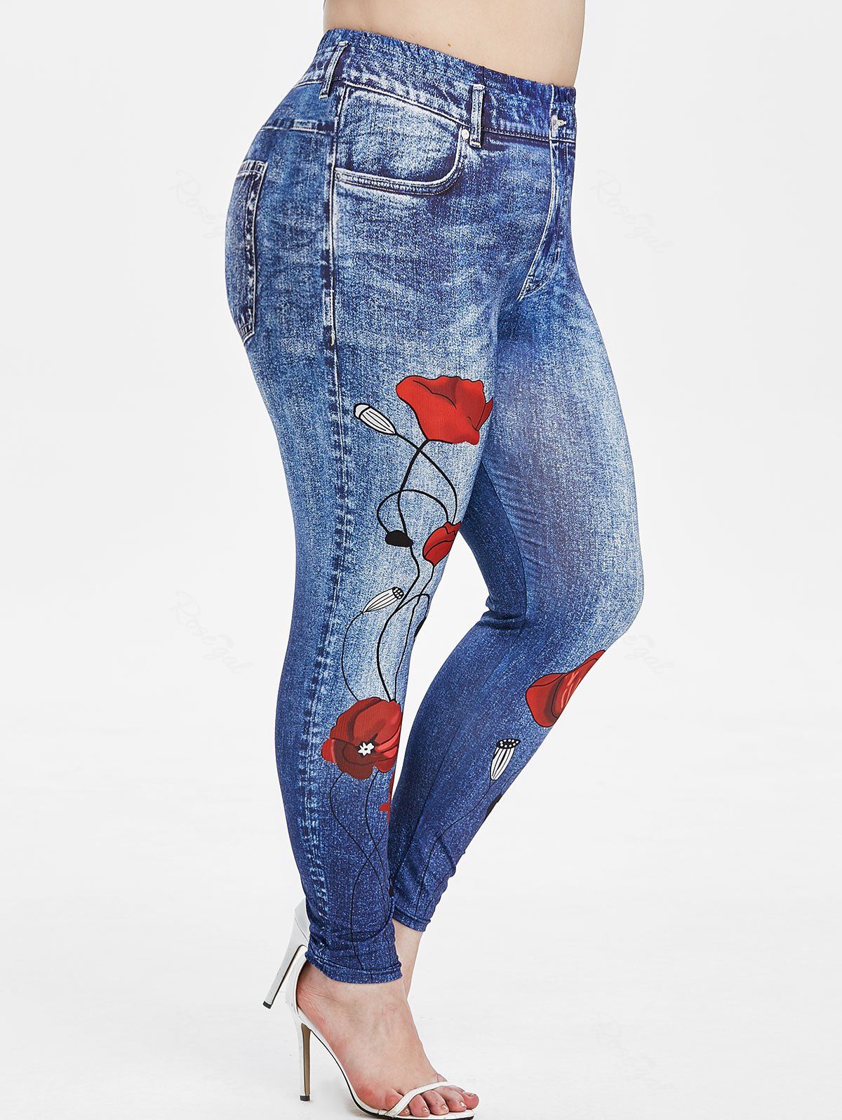 

Plus Size High Rise Floral 3D Denim Print Jeggings, Denim blue