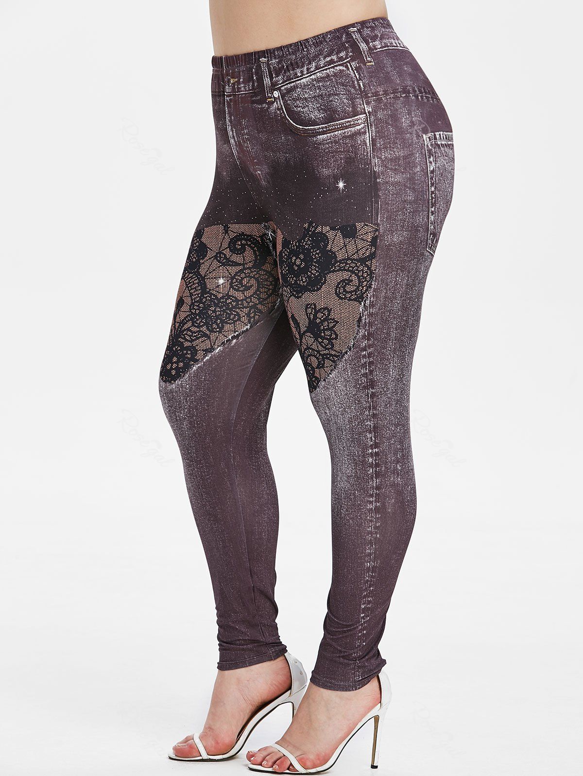 

Plus Size High Rise 3D Lace Jean Print Jeggings, Gray