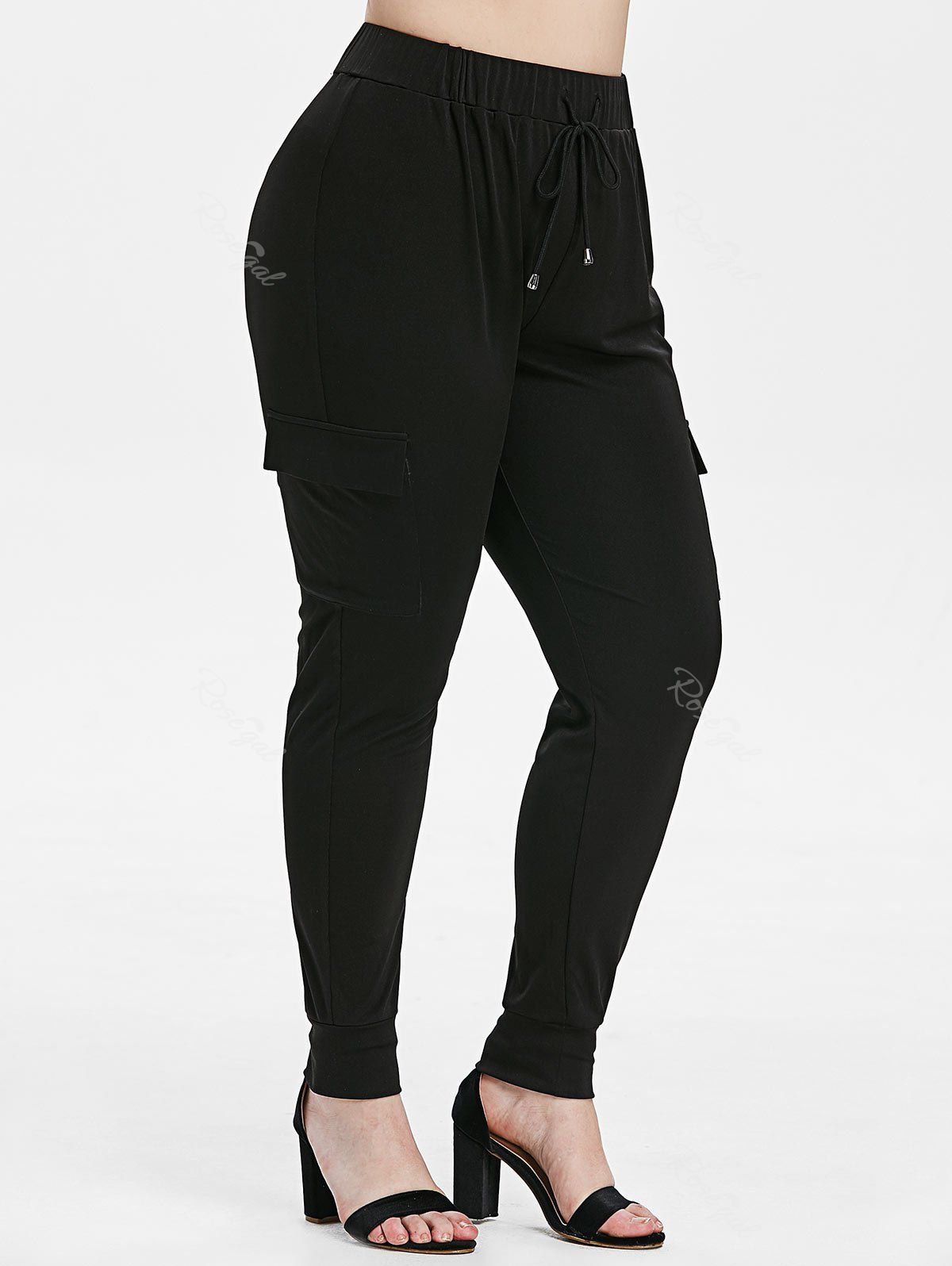 

Plus Size Side Pockets Drawstring Leggings, Black
