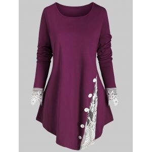 

Buttoned Lace Panel Asymmetrical Plus Size Top, Purple