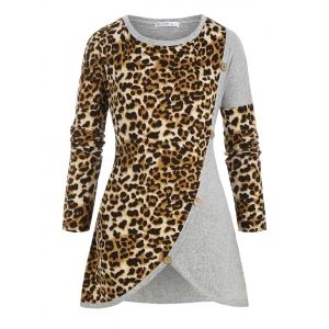 

Crew Neck Buttoned Leopard Panel Plus Size Knitwear, Gray