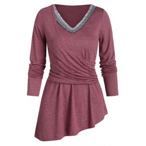

Paillette V Neck High Low Long Sleeve Top, Red wine