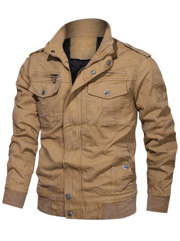 Zip arrugado Hasta Multi bolsillos de la chaqueta de Carga - KHAKI - S