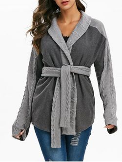 Chiné Belted Câble manteau en tricot Garniture - GRAY CLOUD - 3XL