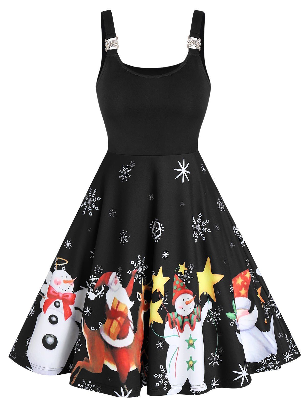

Christmas Santa Claus Snowman Print Sleeveless Skater Dress, Multi-a