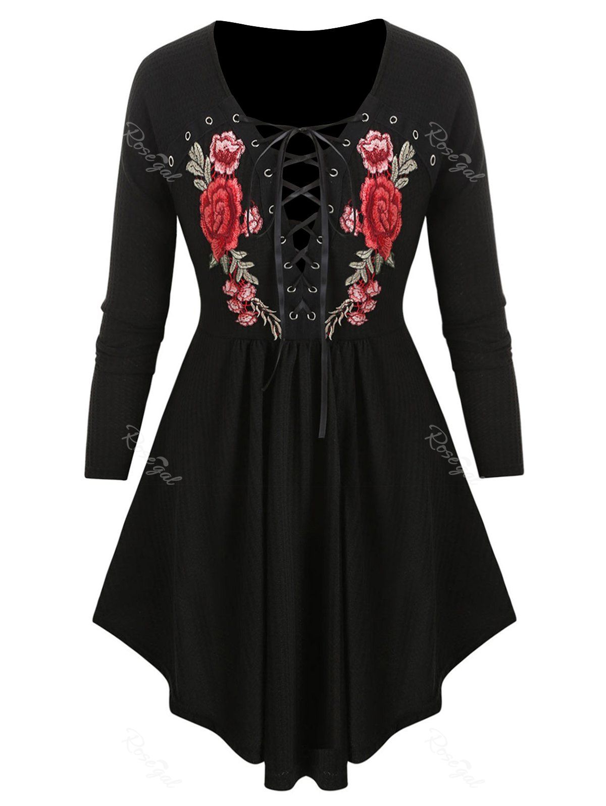 

Plus Size Lace Up Embroidery Tunic Knitwear, Black
