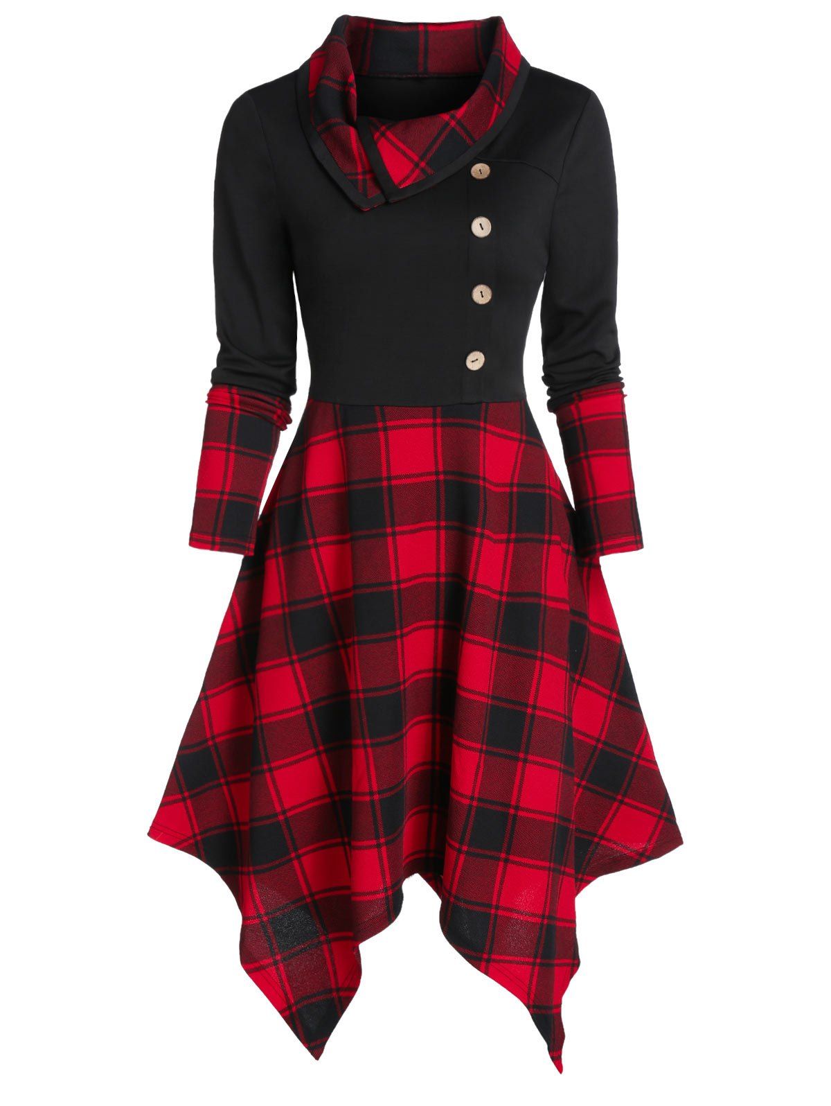 

Plaid Print Mock Button Handkerchief Dress, Black