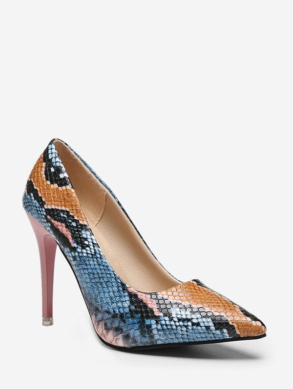 

Stiletto Heel Snake Pattern PU Leather Pumps, Pink