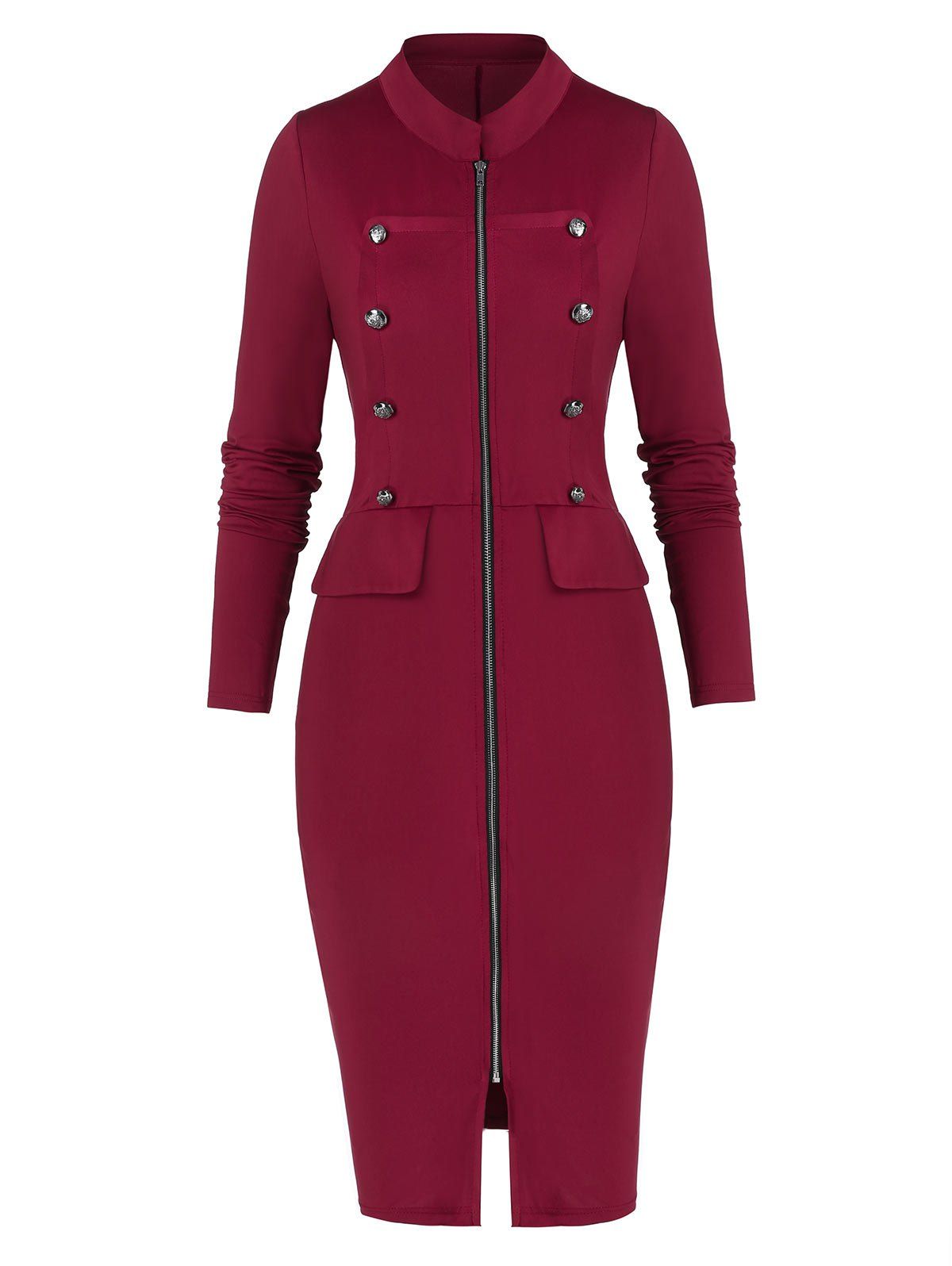 

Full Zip Buttons Bodycon Dress, Red wine