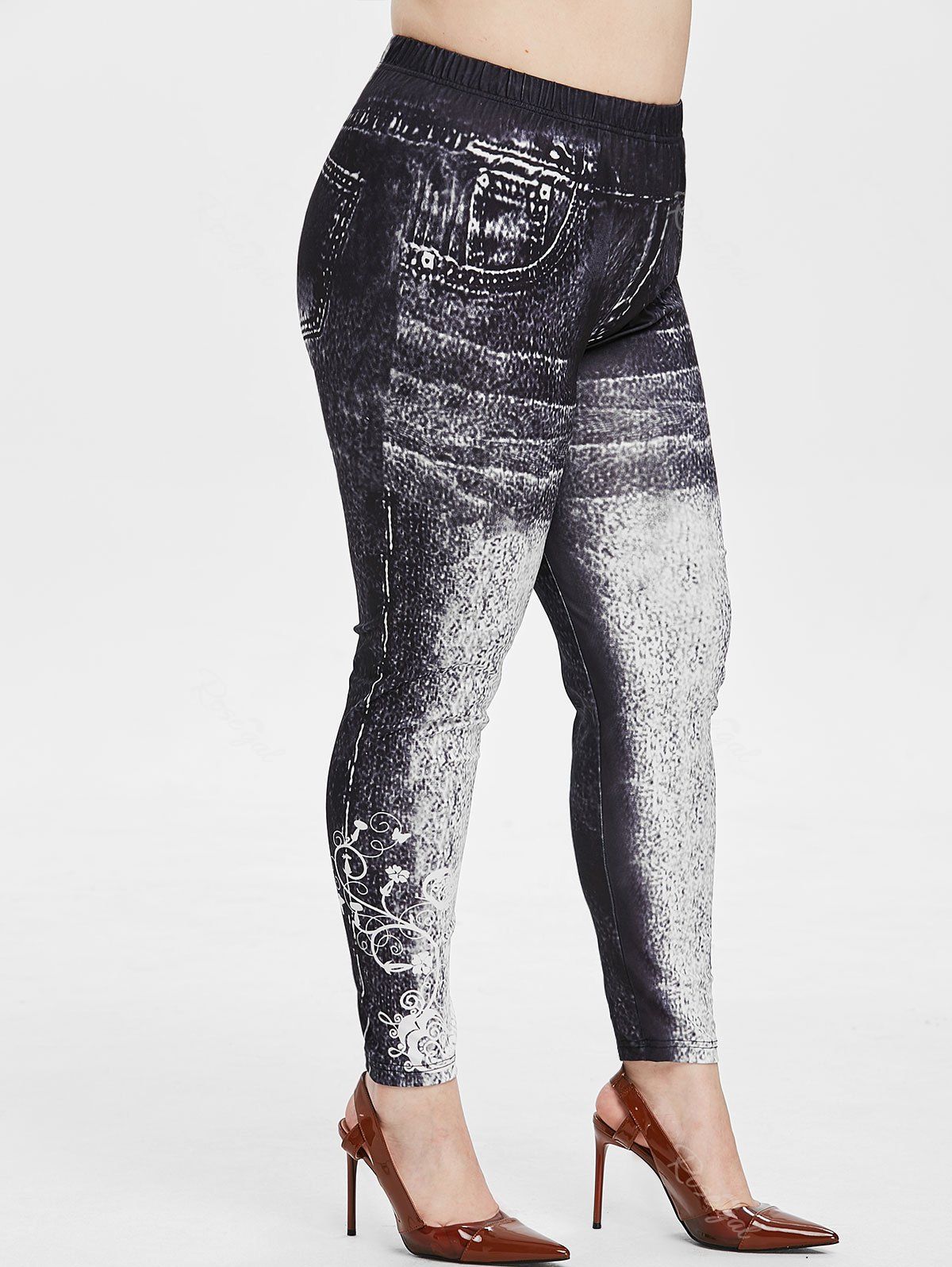 

Plus Size Faded Jean Print Skinny 3D Jeggings, Black