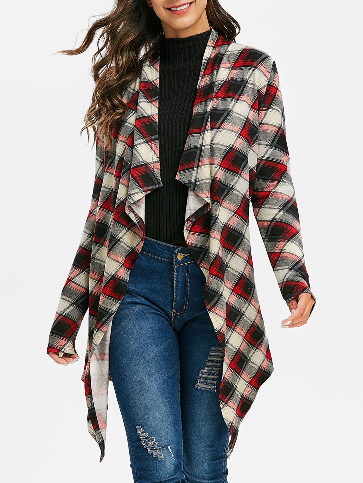 

Plaid Print Open Front Waterfall Cardigan, Multi-a