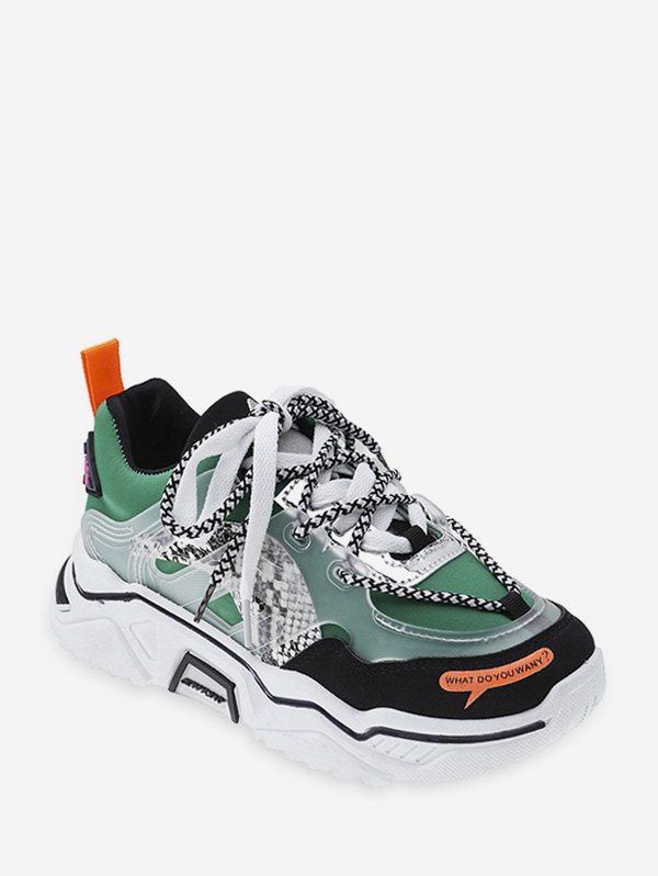 

Snakeskin Panel Mix Material Casual Sneakers, Green