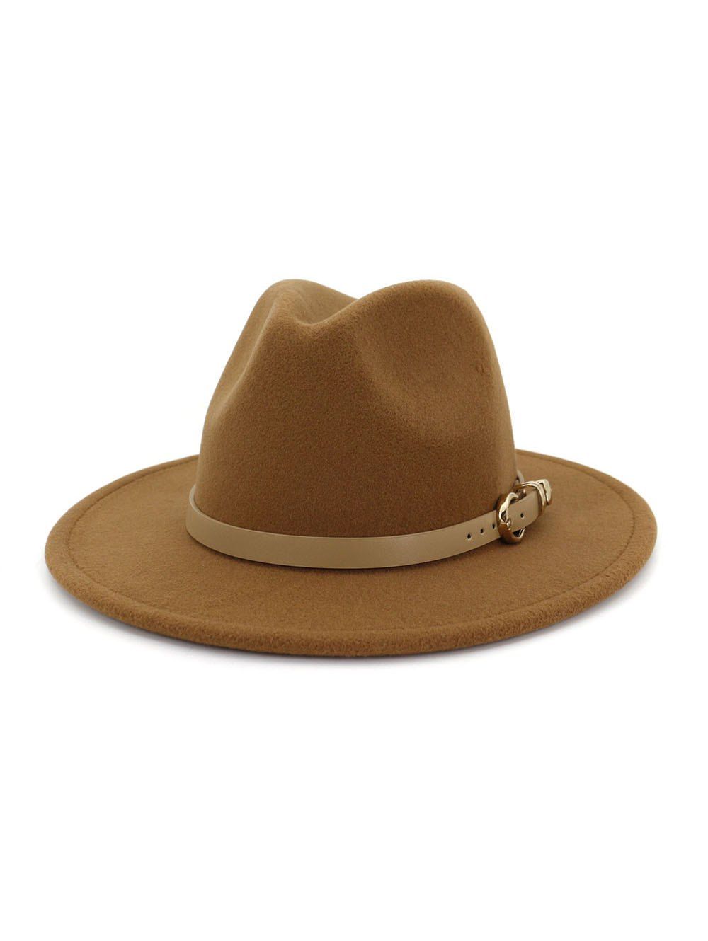 

Winter Buckle Belt Flat Brim Jazz Hat, Khaki