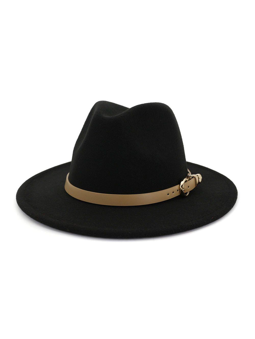 

Winter Buckle Belt Flat Brim Jazz Hat, Black