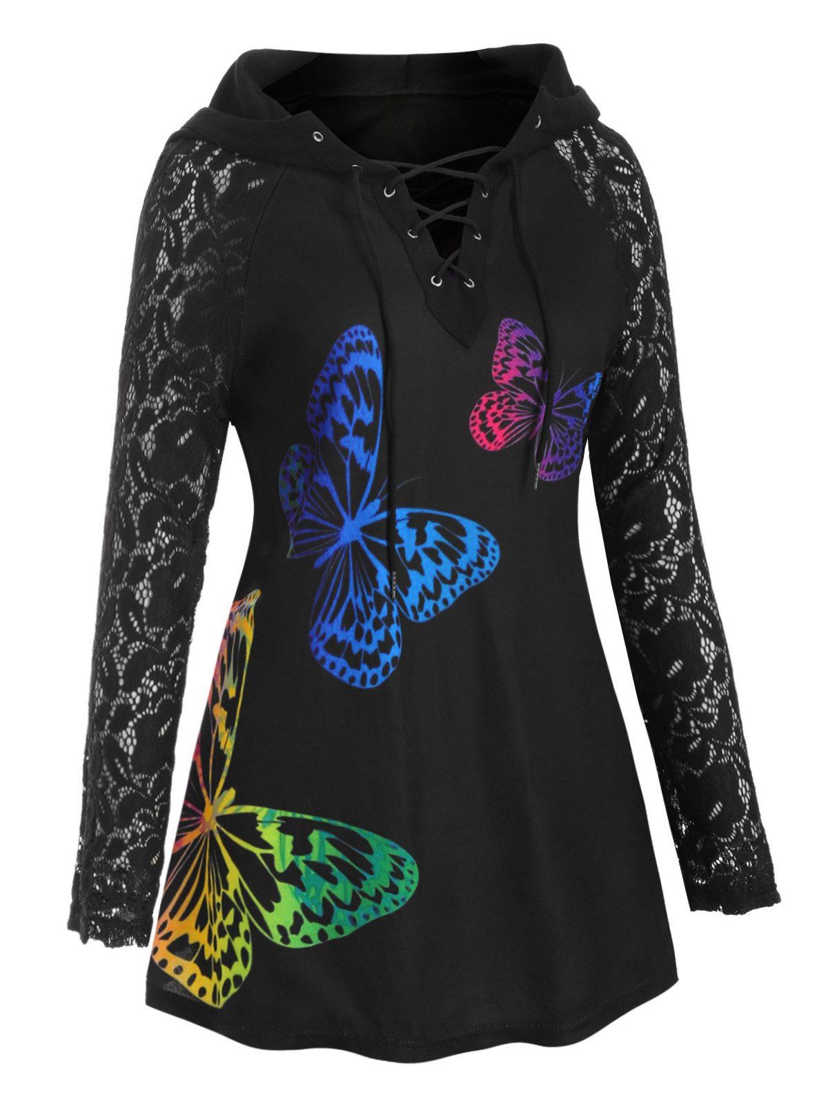 

Raglan Sleeve Lace Panel Butterfly Lace Up Plus Size Hoodie, Black