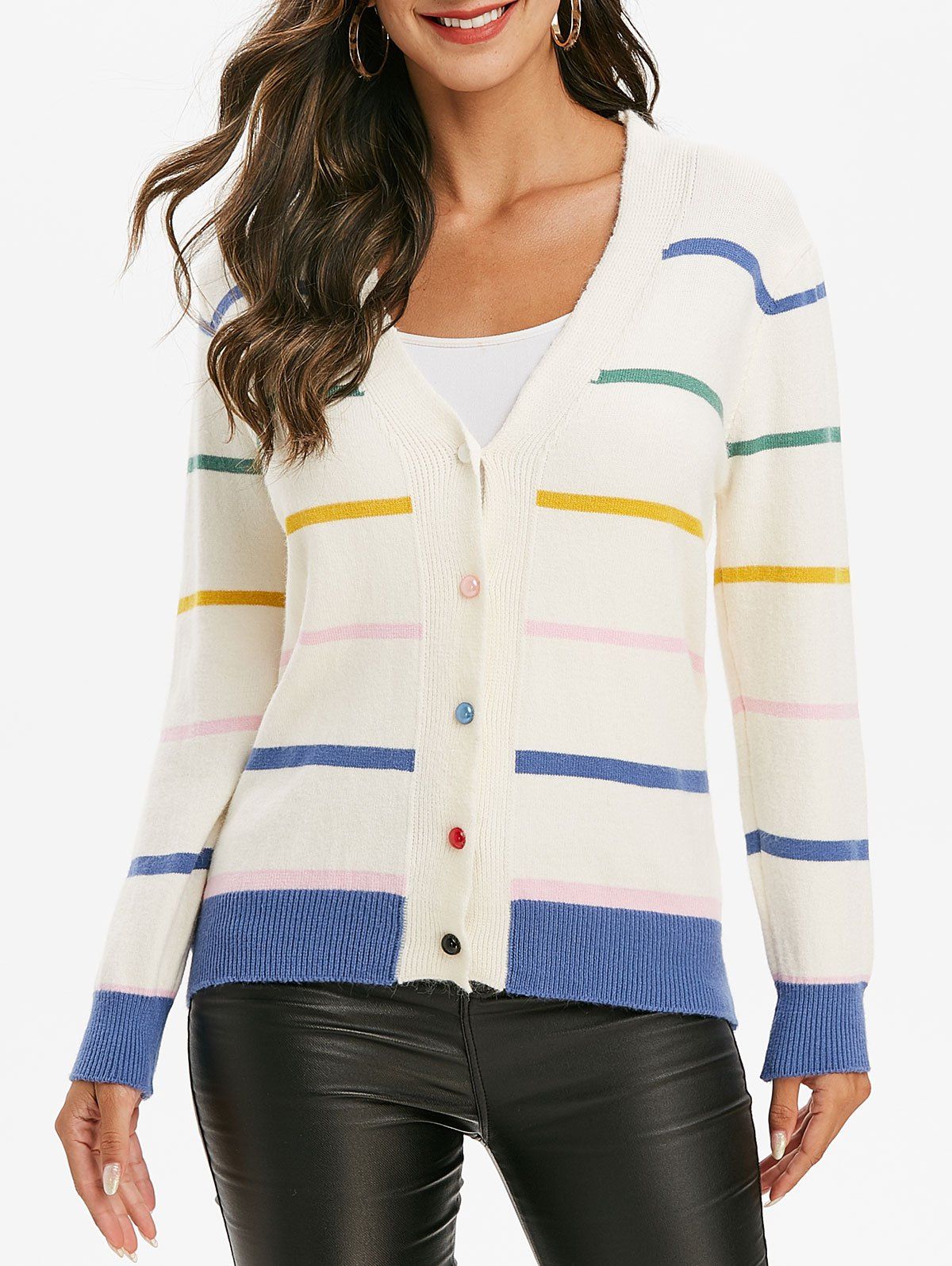 

V Neck Colorful Striped Button Up Cardigan, Multi