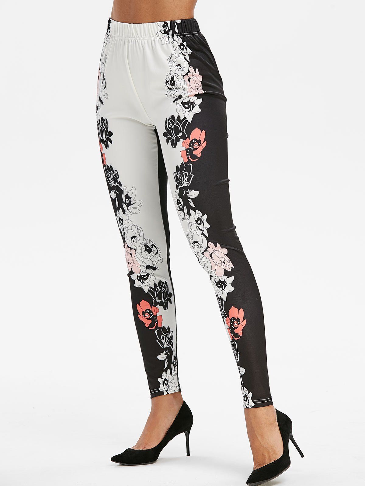 

Colorblock Floral Print Skinny Leggings, Black
