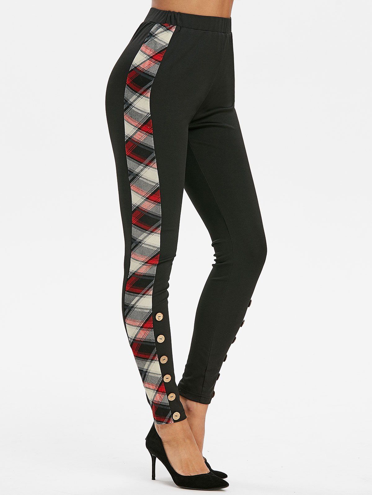 

High Waist Plaid Button Leggings, Black