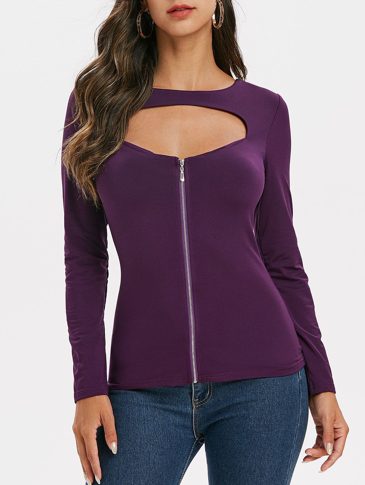 

Cut Out Zip Up Long Sleeves Tee, Purple iris