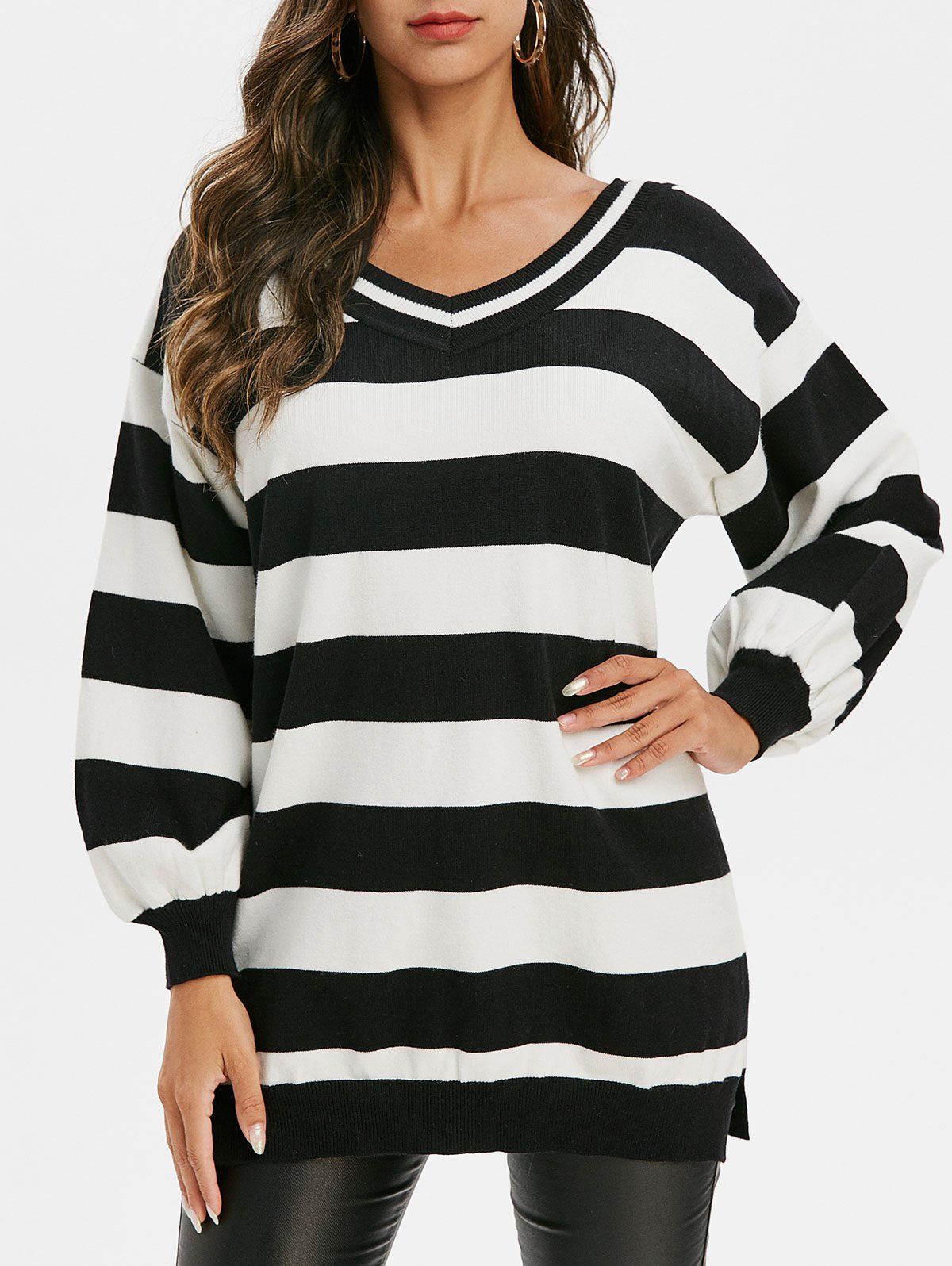 

V Neck Striped Crisscross Tunic Sweater, Multi